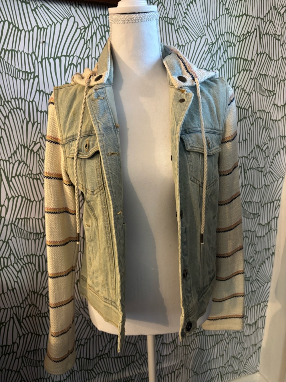 Billabong Light Wash Denim Jacket with Cream Striped Knit Sleeves